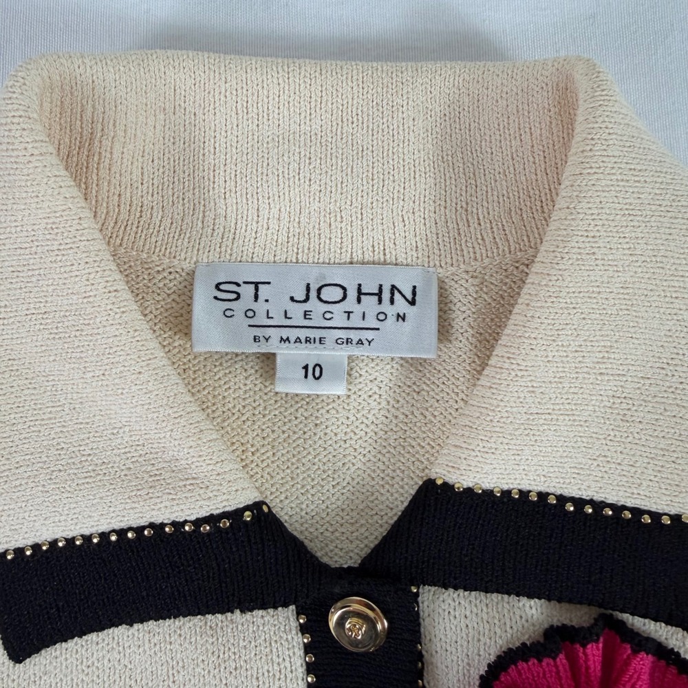 Vintage St.John Collection Santana Knit Dress Jacket Pin Set Pink Cream 10 USA - Picture 6 of 16